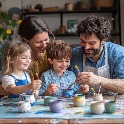 Niños pintando cerámica